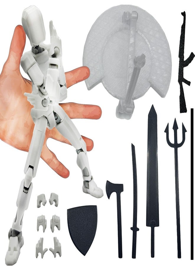 QAONIE 3D Printed Enlarge Body Size 8.1-inch Action Figure Dummy20, Full Body Mechanical Movable Toy, Multiple Accessories, Desk Decoration (Bracket, 3 HandsType, Weapons, Armour) (White) - Image 1